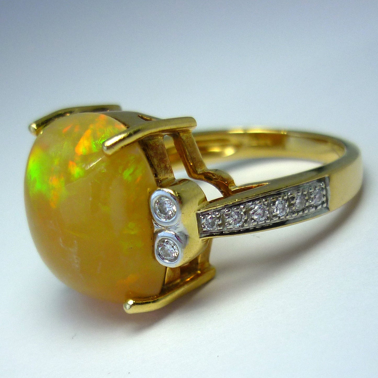Large Yellow Opal Cabochon Ring with Diamonds in 18k Yellow Gold
