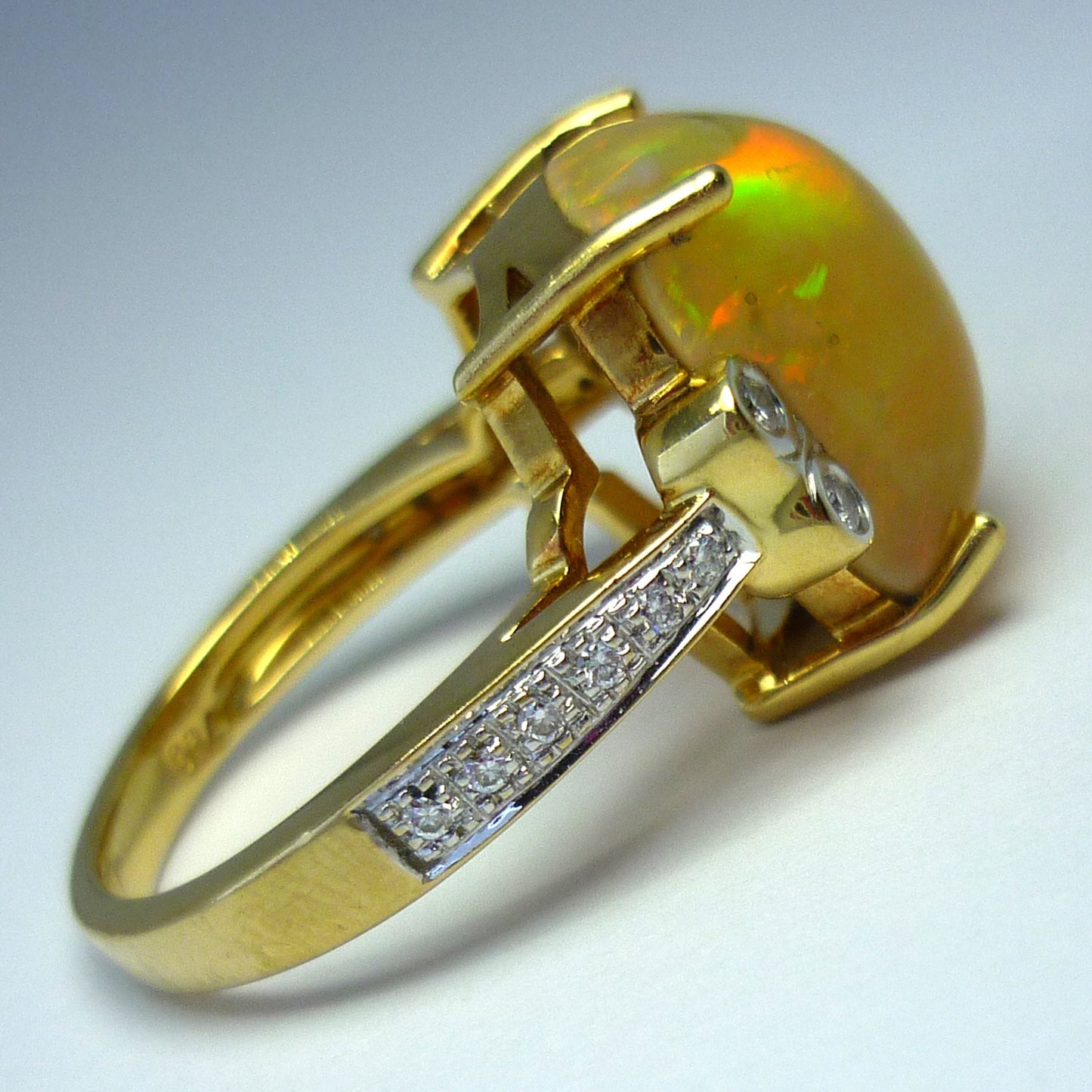 Large Yellow Opal Cabochon Ring with Diamonds in 18k Yellow Gold