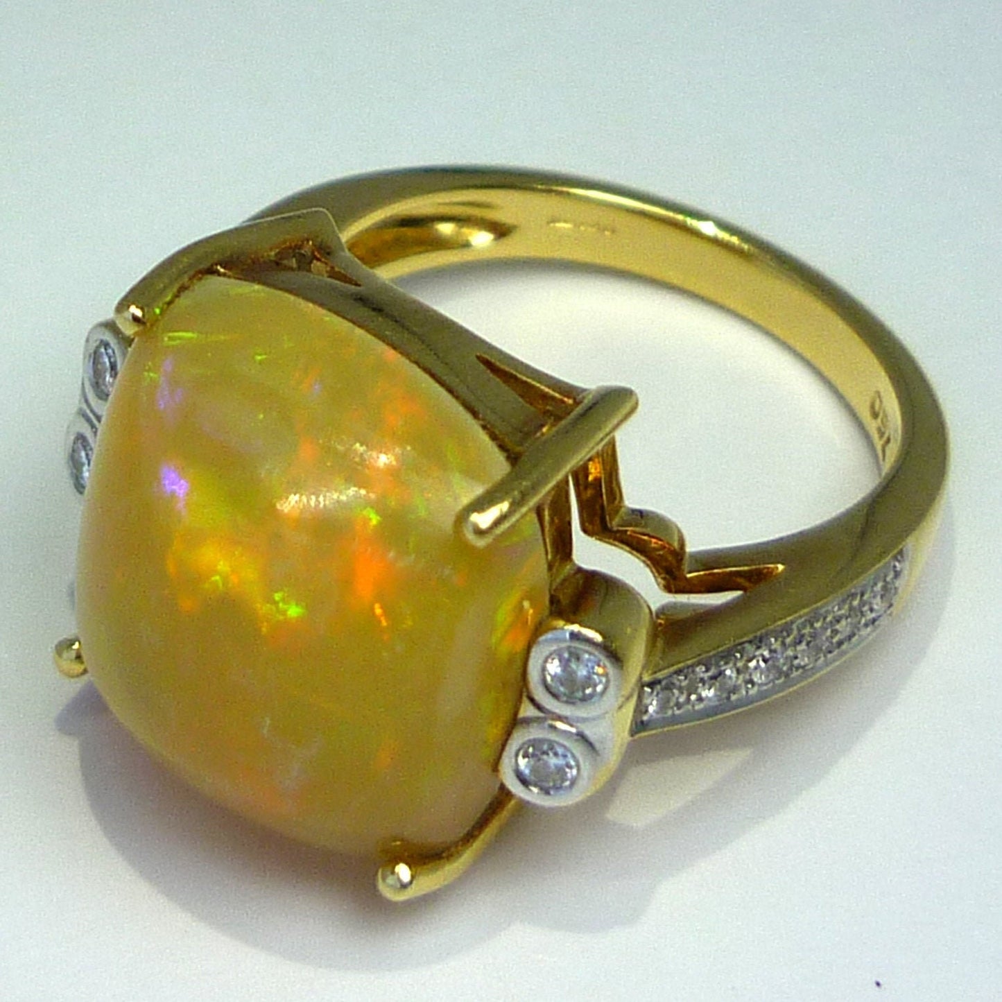 Large Yellow Opal Cabochon Ring with Diamonds in 18k Yellow Gold