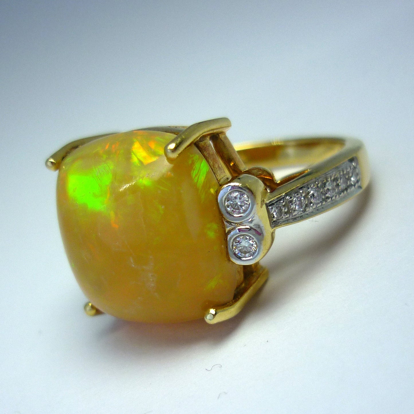Large Yellow Opal Cabochon Ring with Diamonds in 18k Yellow Gold