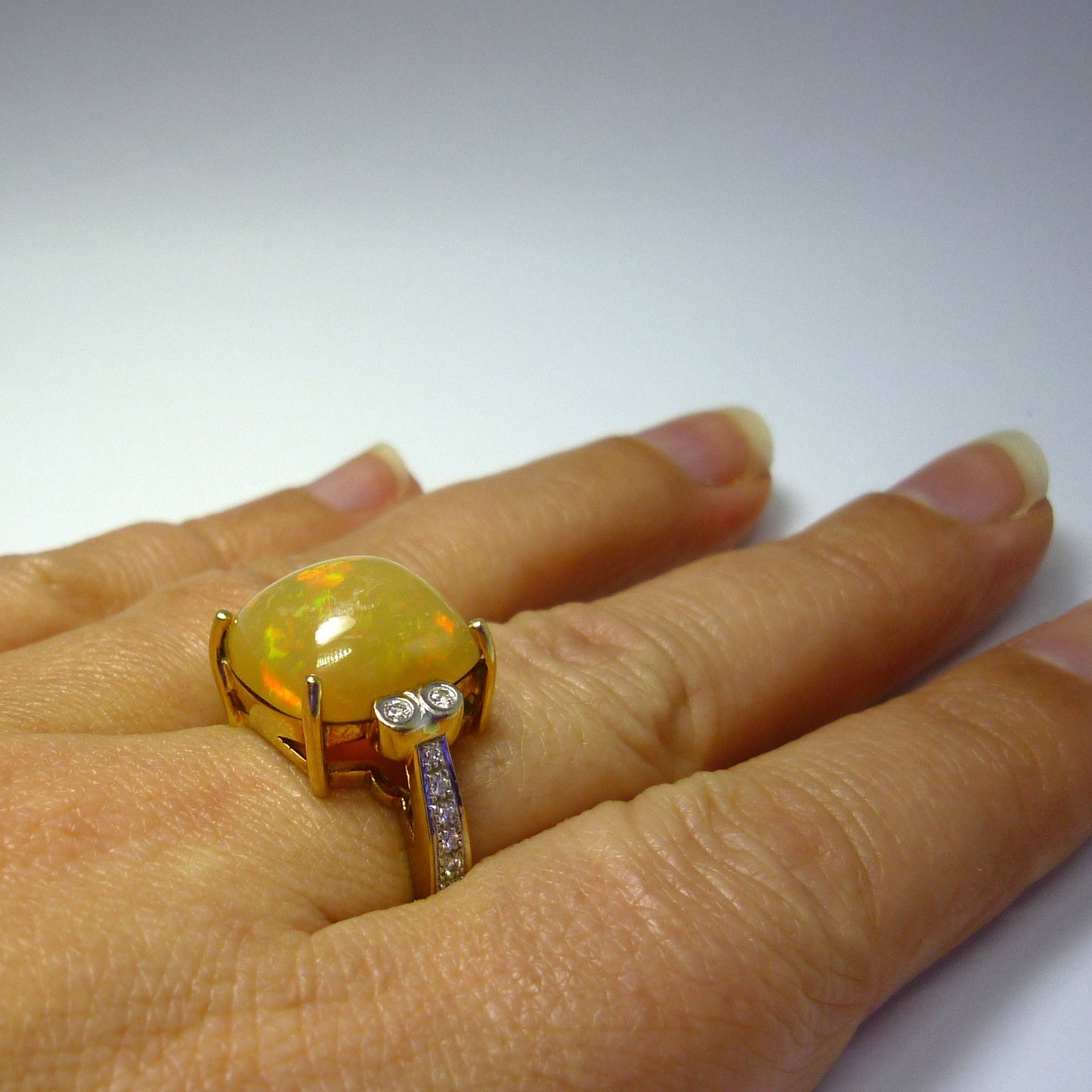 Large Yellow Opal Cabochon Ring with Diamonds in 18k Yellow Gold