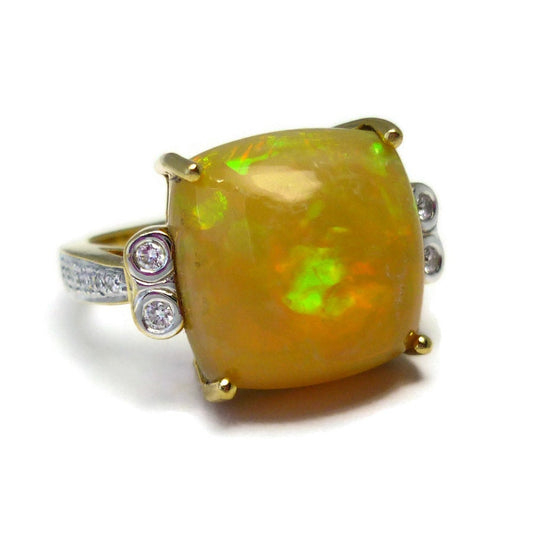 Large Yellow Opal Cabochon Ring with Diamonds in 18k Yellow Gold