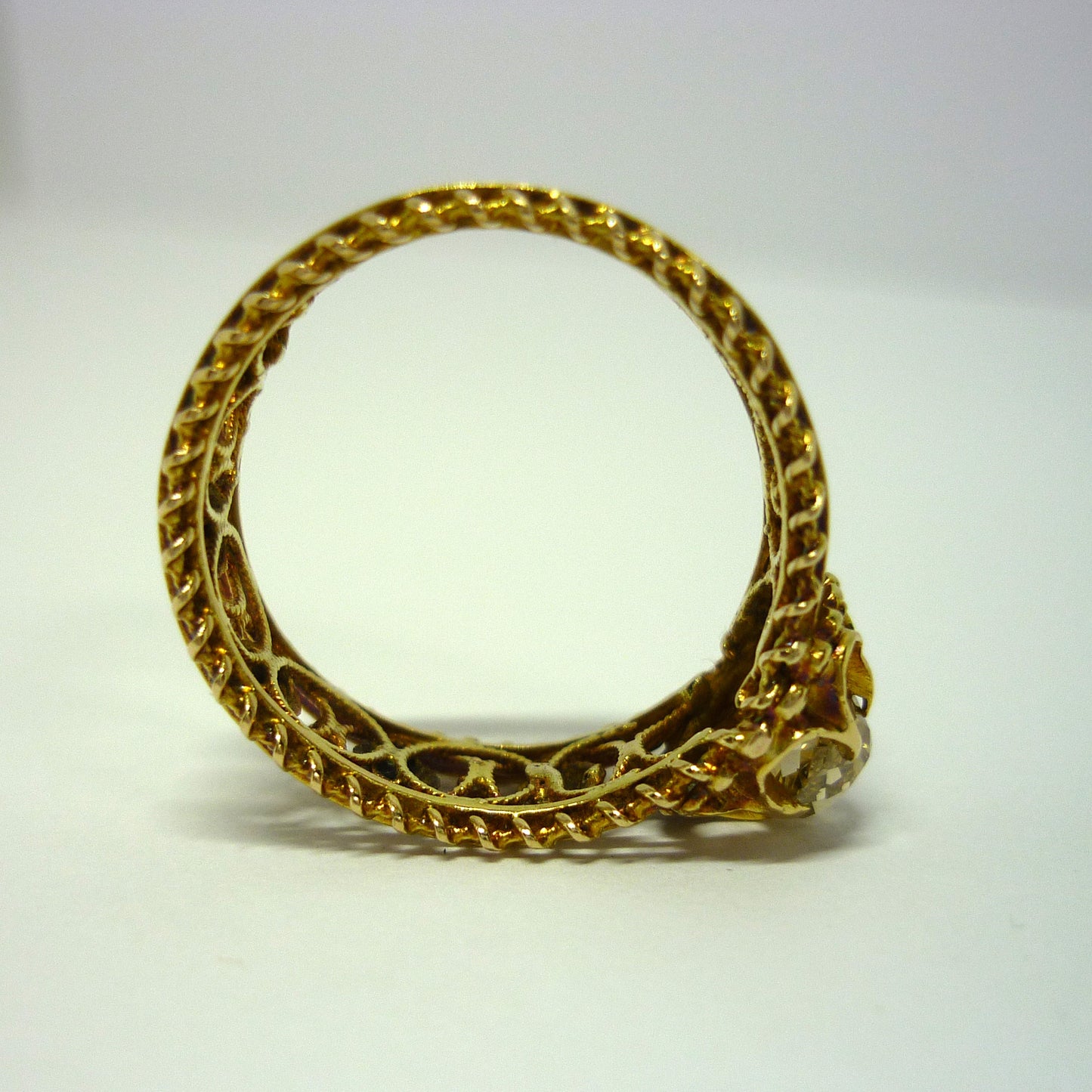 Victorian Mine Cut Champagne Diamond Ring: Rose Gold Filigree, Size 5