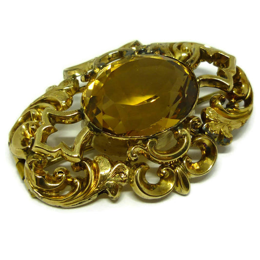 Victorian Citrine Brooch, 1800's Antique Gold Jewellery, Large Gemstone Pendant