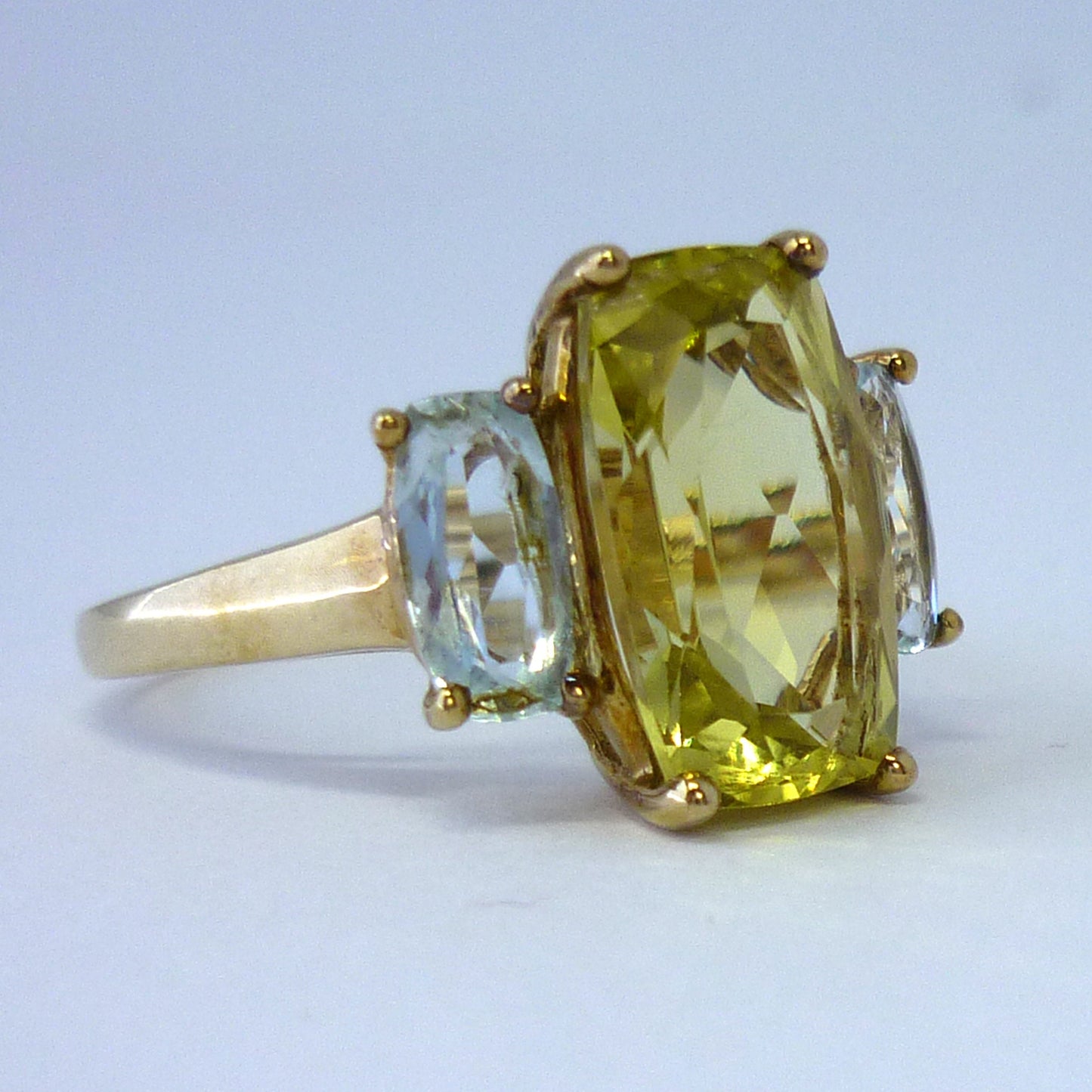 Yellow Green Tourmaline Ring with Pale Blue Gemstones, 3 Stone Engagement Ring Size 9.25