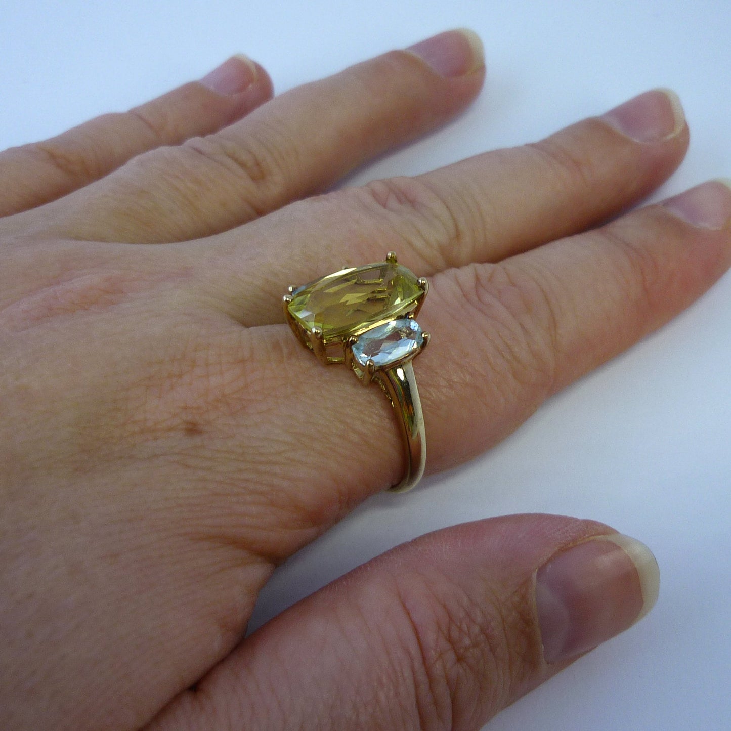 Yellow Green Tourmaline Ring with Pale Blue Gemstones, 3 Stone Engagement Ring Size 9.25