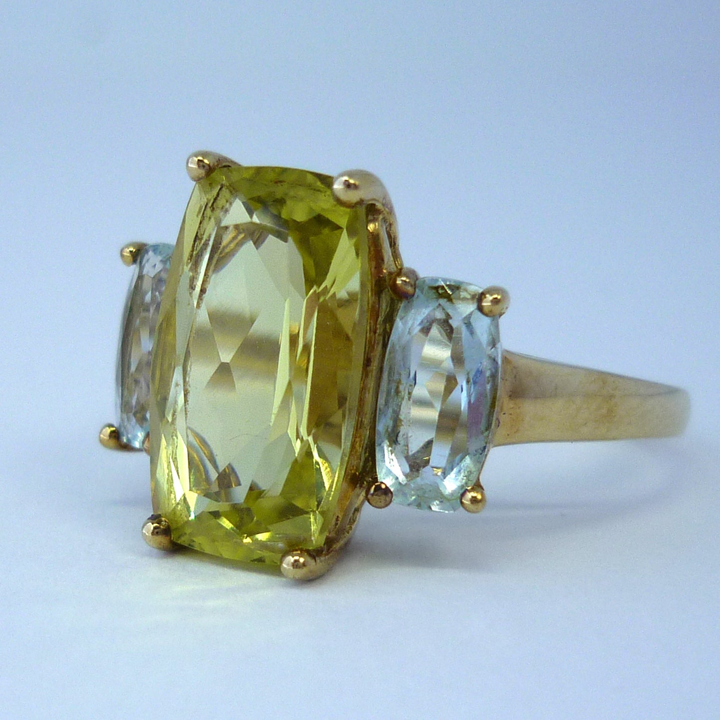 Yellow Green Tourmaline Ring with Pale Blue Gemstones, 3 Stone Engagement Ring Size 9.25