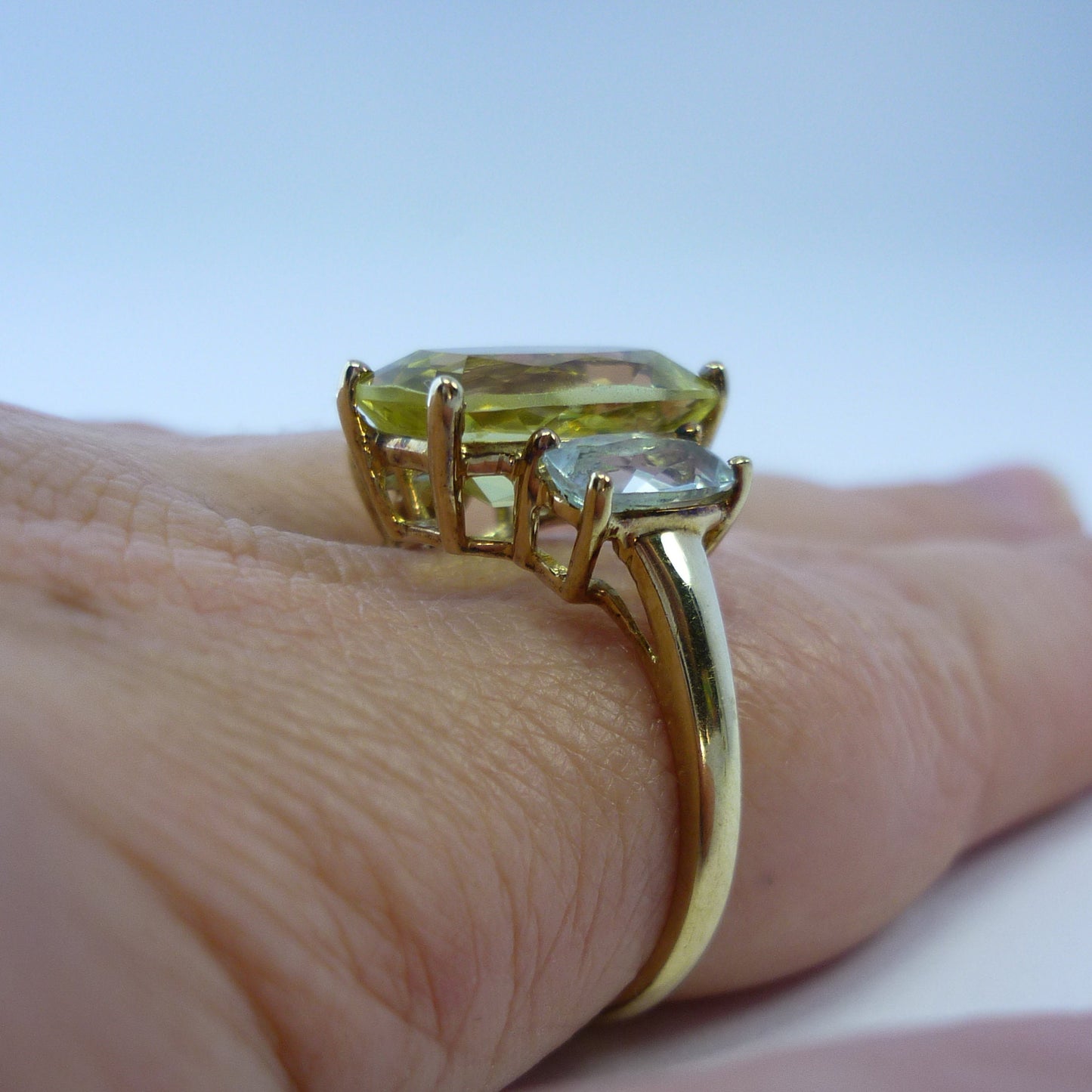 Yellow Green Tourmaline Ring with Pale Blue Gemstones, 3 Stone Engagement Ring Size 9.25