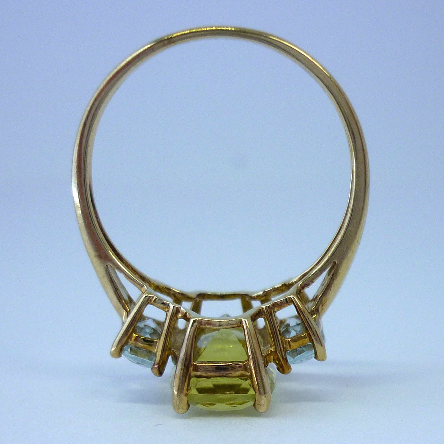 Yellow Green Tourmaline Ring with Pale Blue Gemstones, 3 Stone Engagement Ring Size 9.25