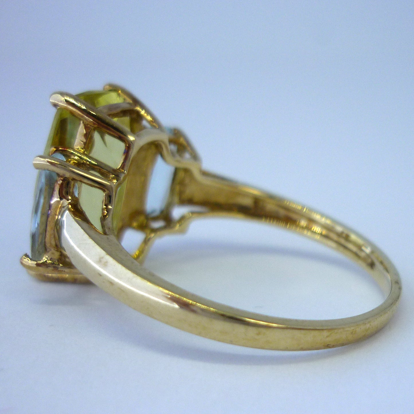 Yellow Green Tourmaline Ring with Pale Blue Gemstones, 3 Stone Engagement Ring Size 9.25