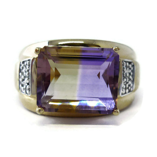 Emerald Cut Ametrine Ring: Estate 14k Gold & Diamond Cocktail Ring, Size 9.5