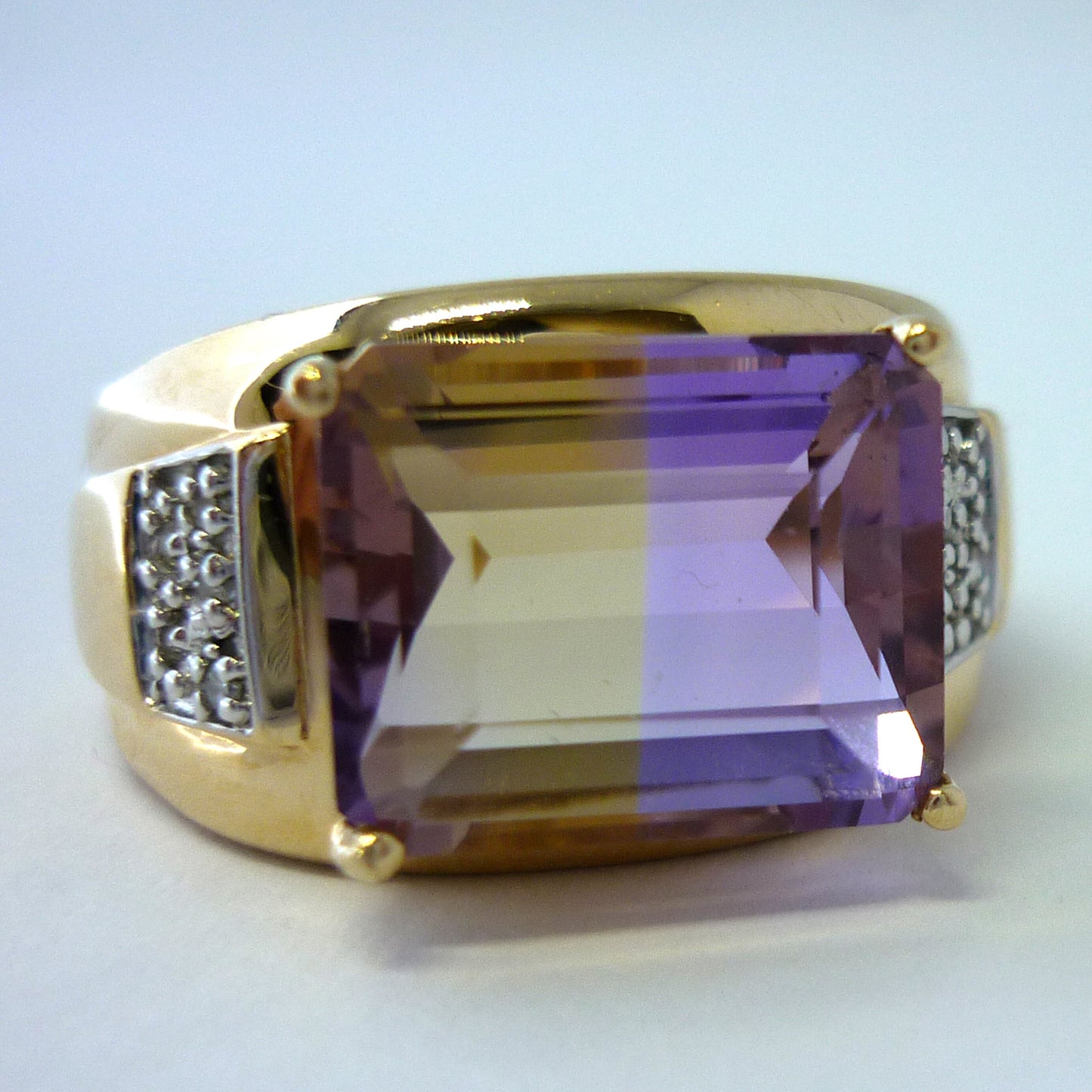 Emerald Cut Ametrine Ring: Estate 14k Gold & Diamond Cocktail Ring, Size 9.5