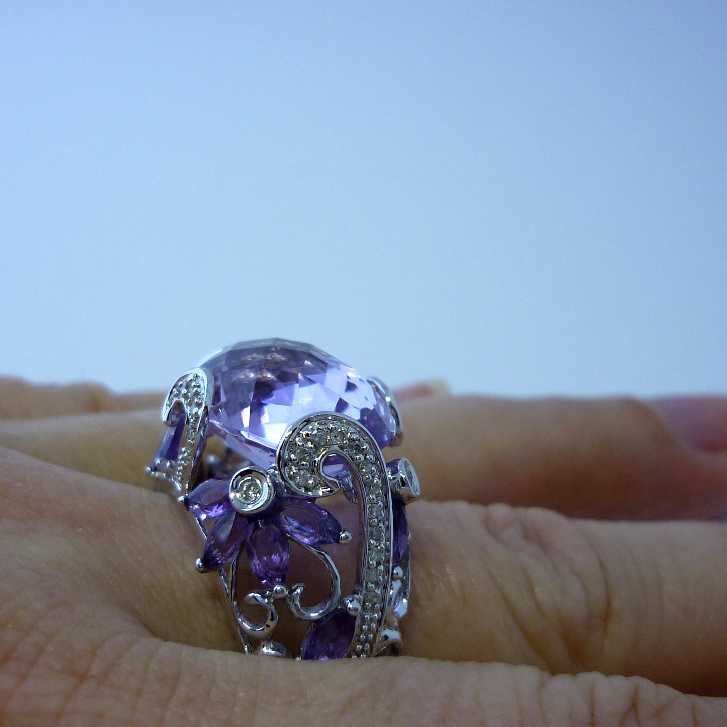 Large Amethyst & Diamond Statement Ring Size 8.75
