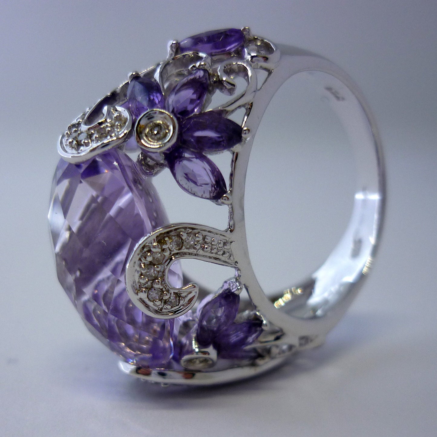 Large Amethyst & Diamond Statement Ring Size 8.75