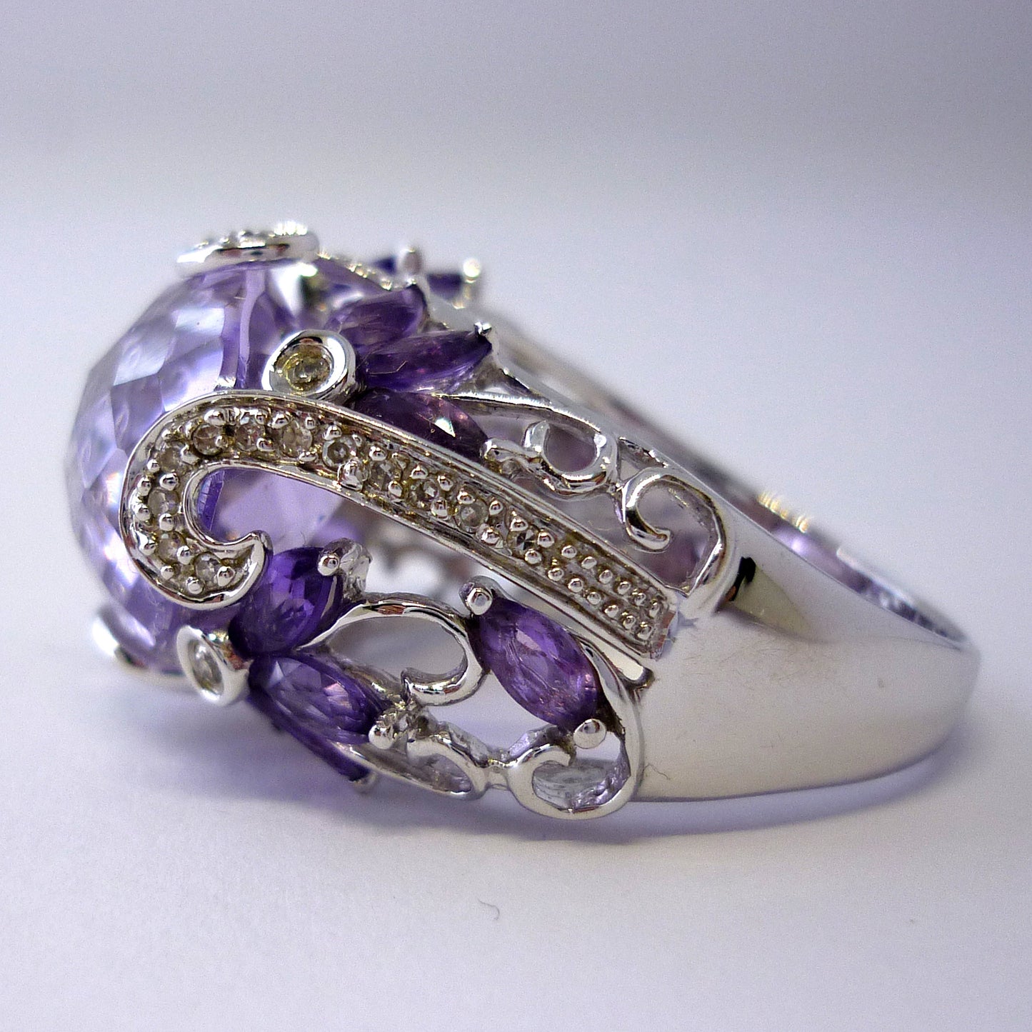 Large Amethyst & Diamond Statement Ring Size 8.75