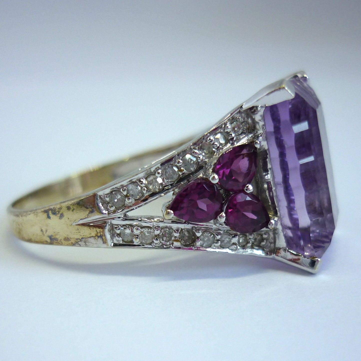 Large Amethyst Ring with Diamonds, 14k White Gold Cocktail Ring Size 8.25