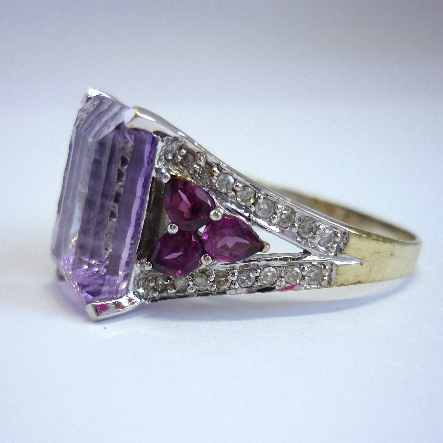 Large Amethyst Ring with Diamonds, 14k White Gold Cocktail Ring Size 8.25