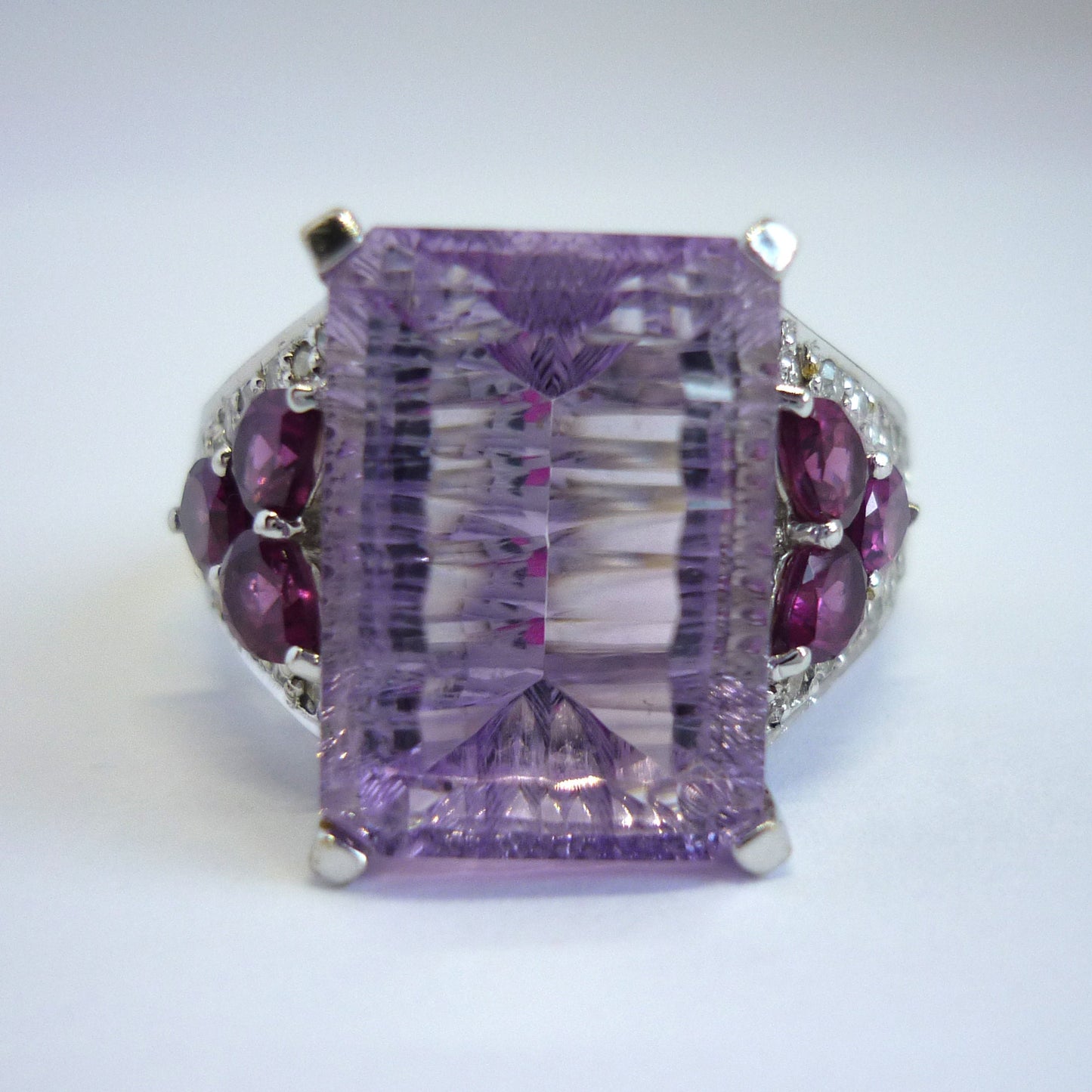 Large Amethyst Ring with Diamonds, 14k White Gold Cocktail Ring Size 8.25