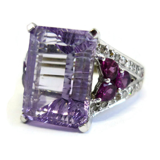 Large Amethyst Ring with Diamonds, 14k White Gold Cocktail Ring Size 8.25