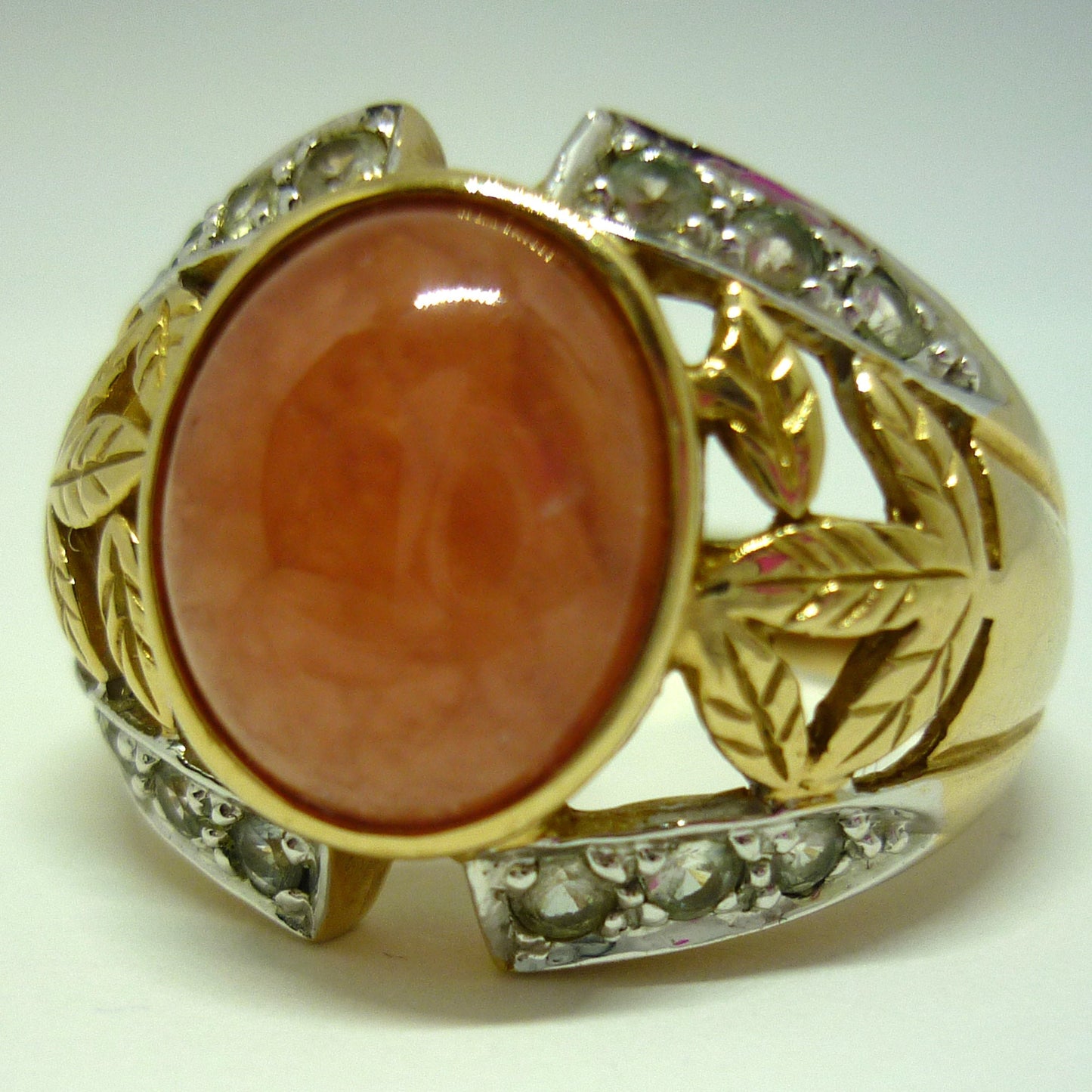 Chunky Peach Quartz & Sapphire Ring Size 9.75