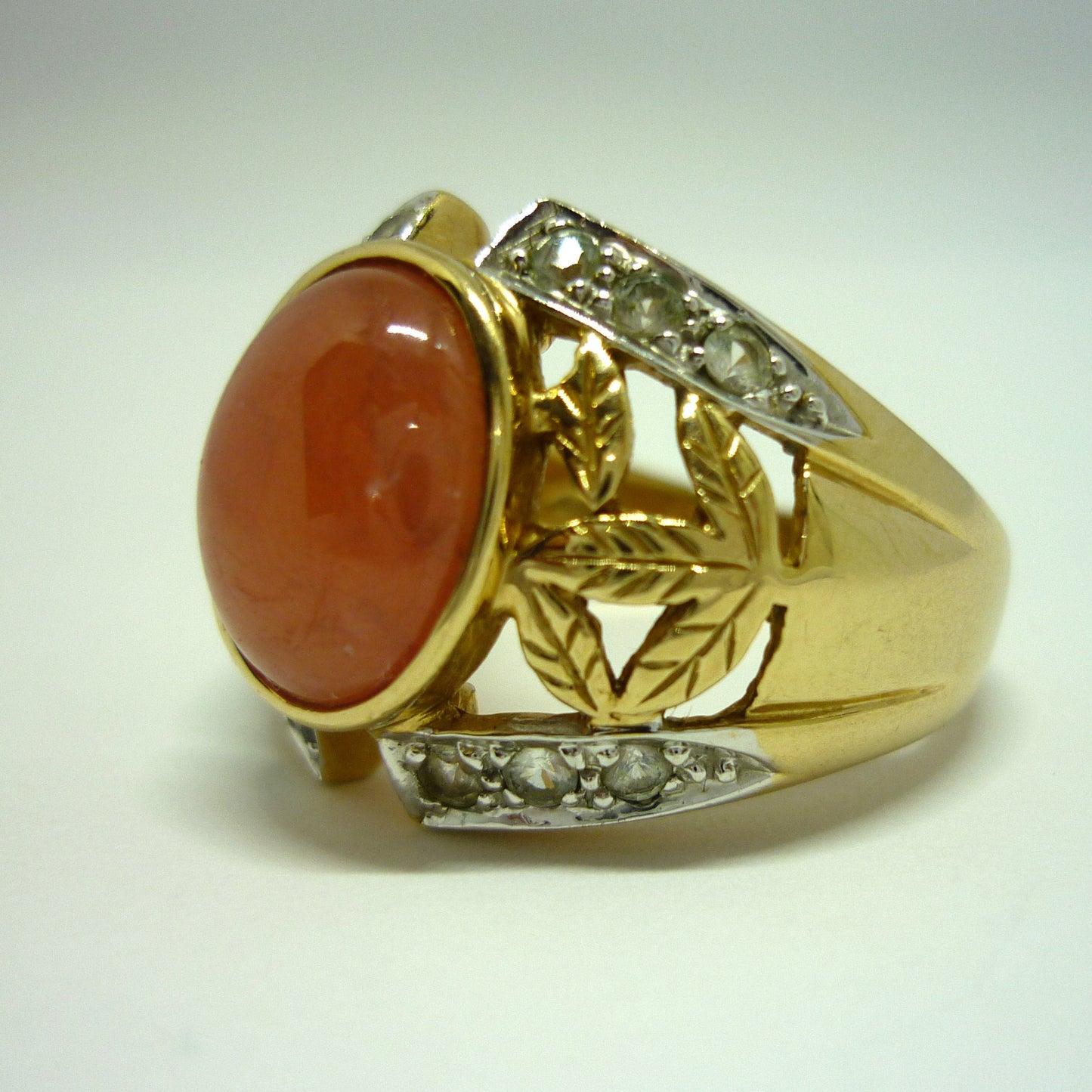 Chunky Peach Quartz & Sapphire Ring Size 9.75