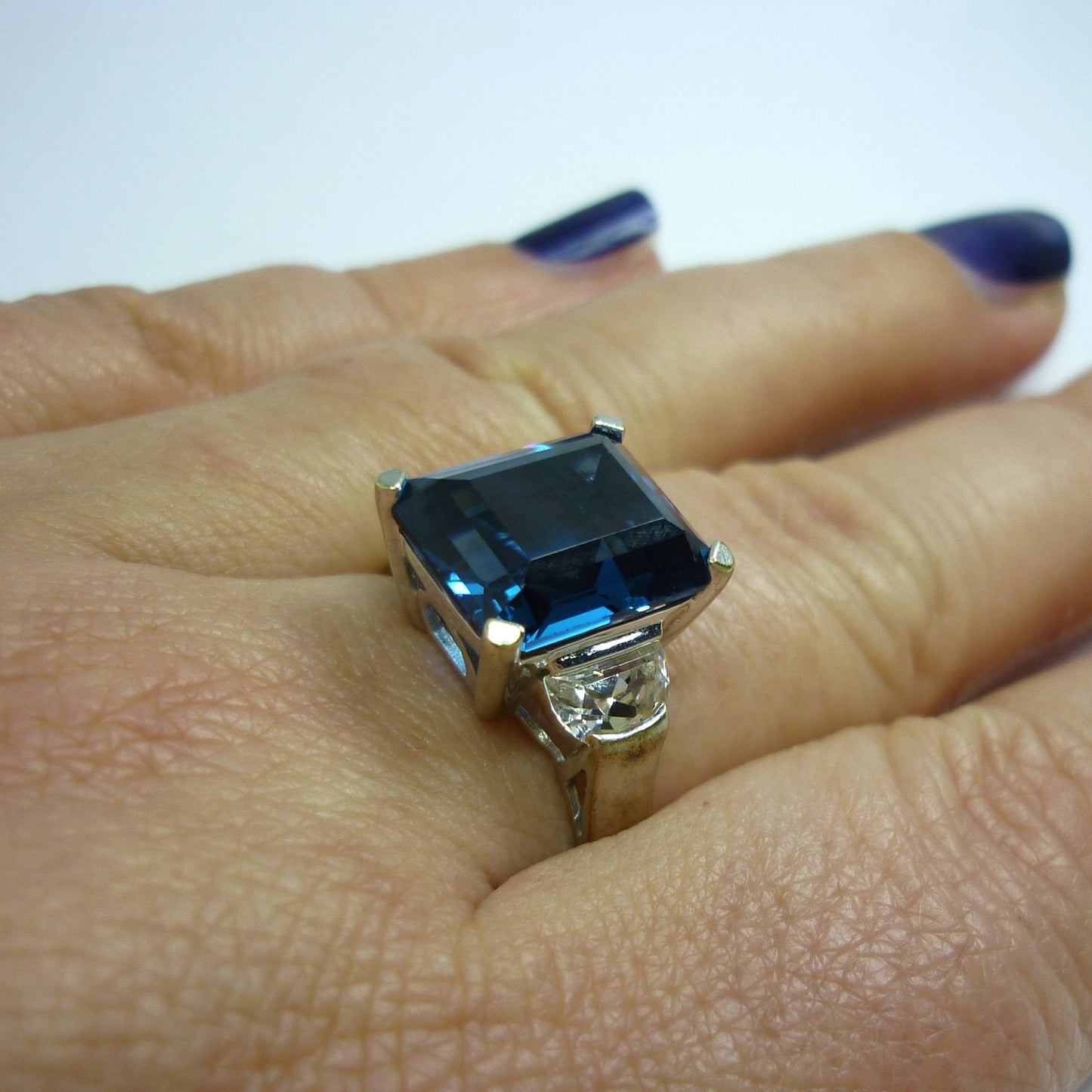 London Blue Topaz Ring, 14k White Gold Simulation Diamond, November Birthstone Ring Size 8.25