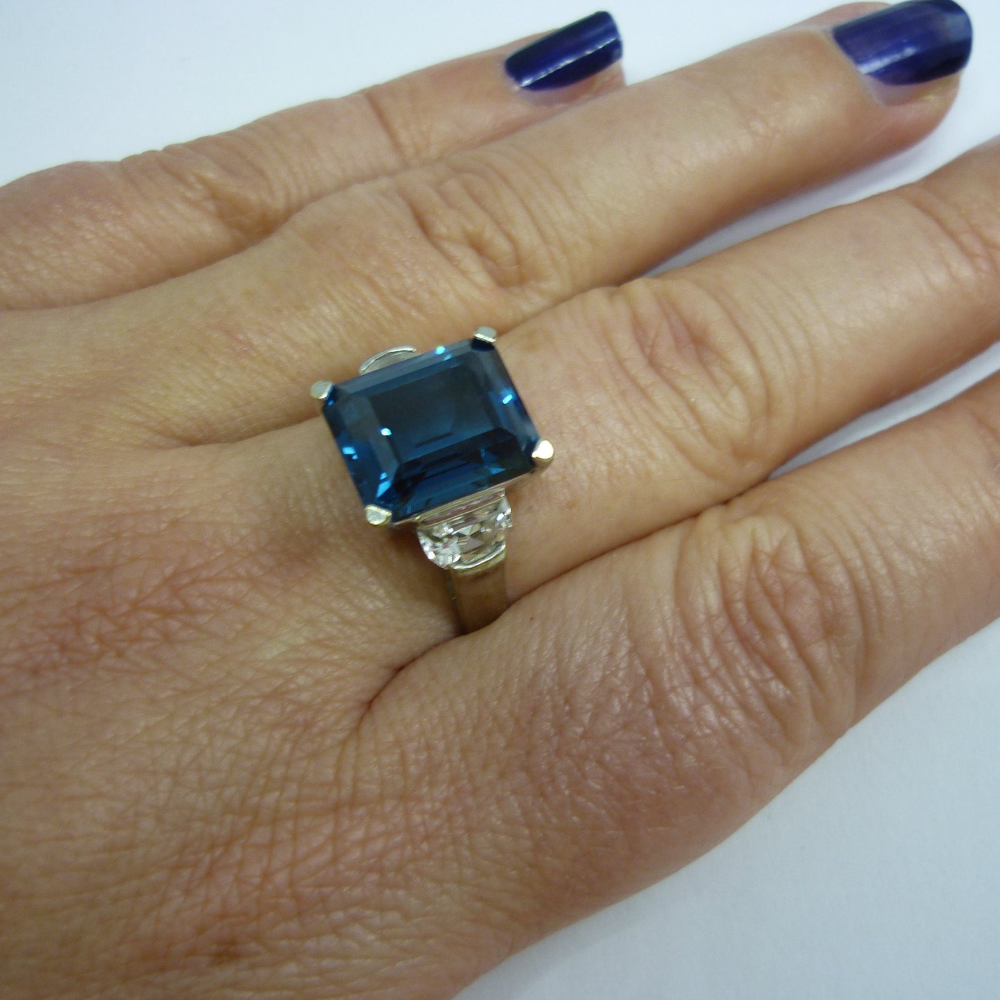 London Blue Topaz Ring, 14k White Gold Simulation Diamond, November Birthstone Ring Size 8.25