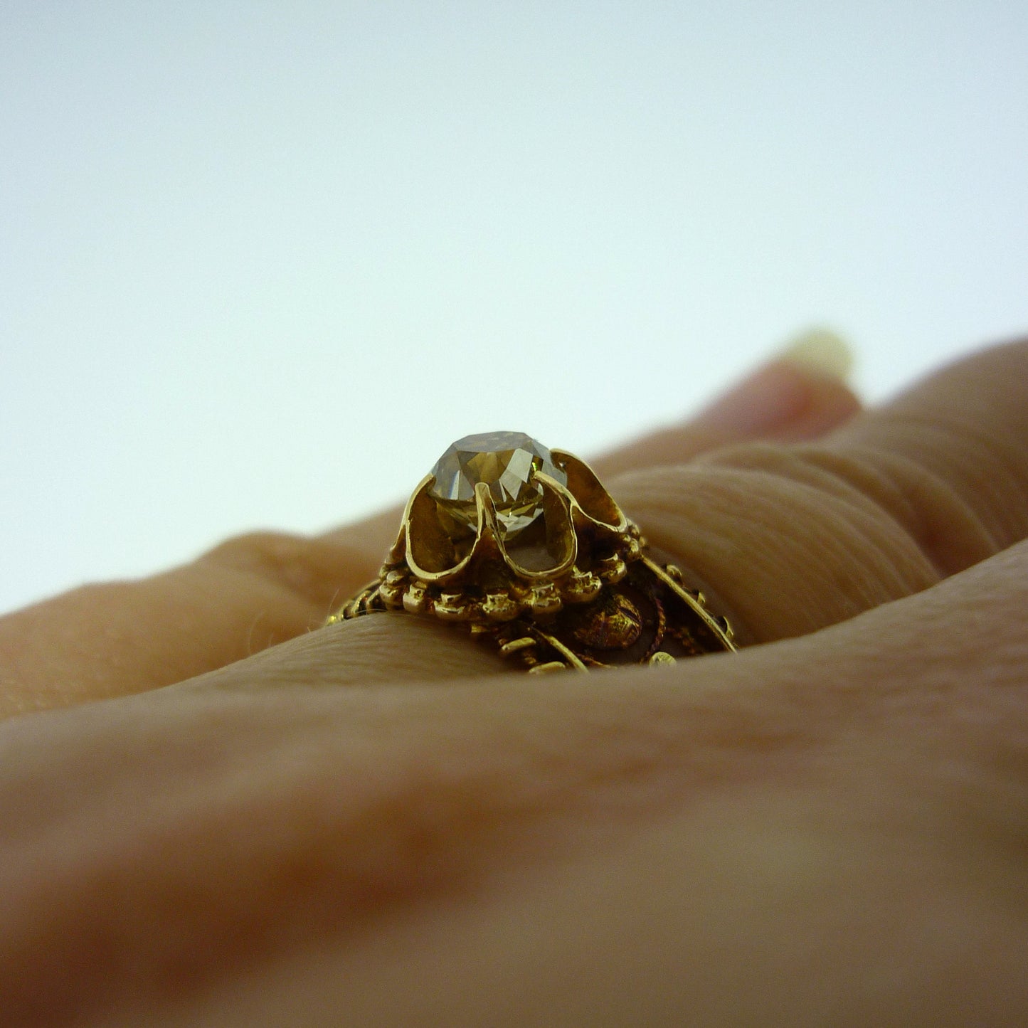 Victorian Mine Cut Champagne Diamond Ring: Rose Gold Filigree, Size 5