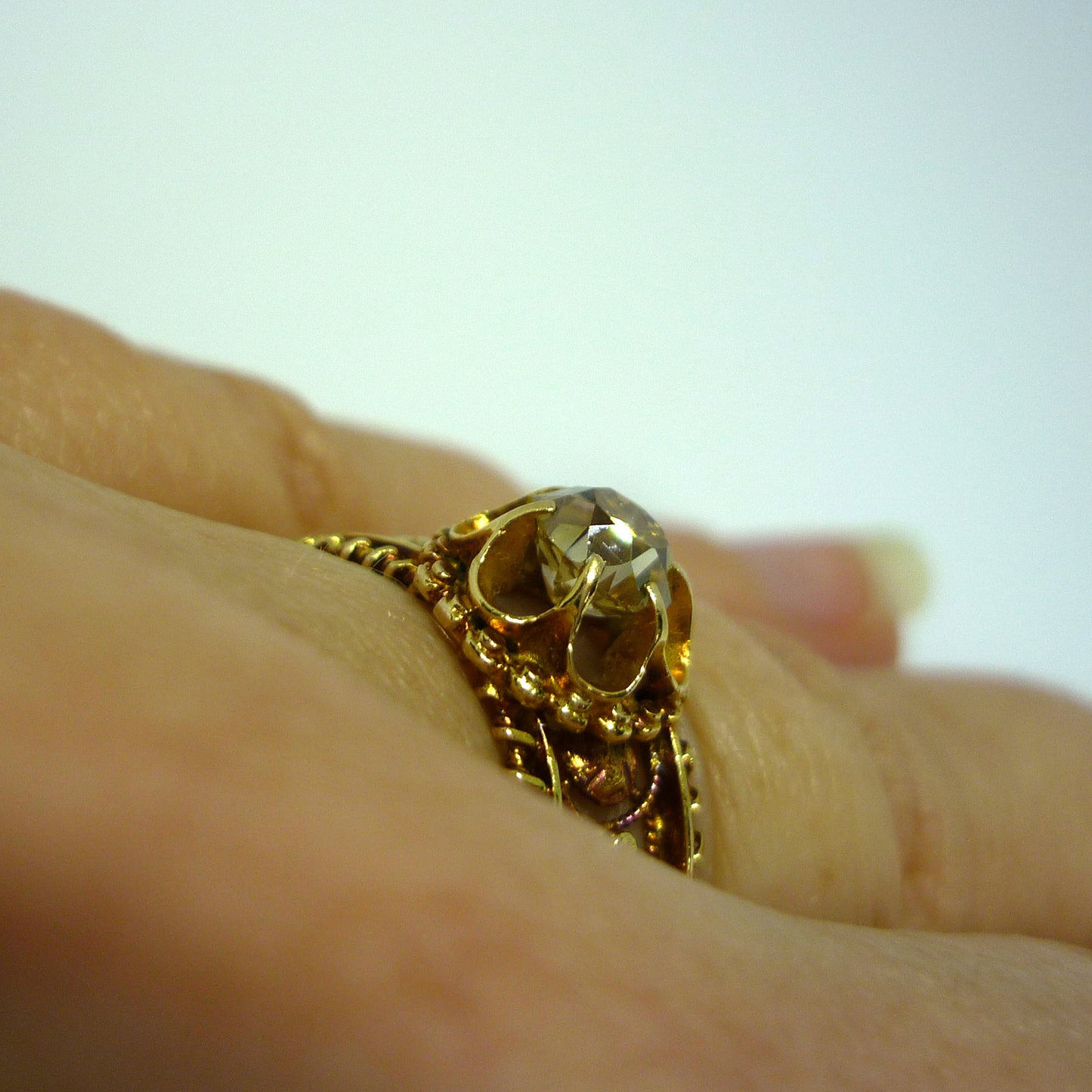 Victorian Mine Cut Champagne Diamond Ring: Rose Gold Filigree, Size 5
