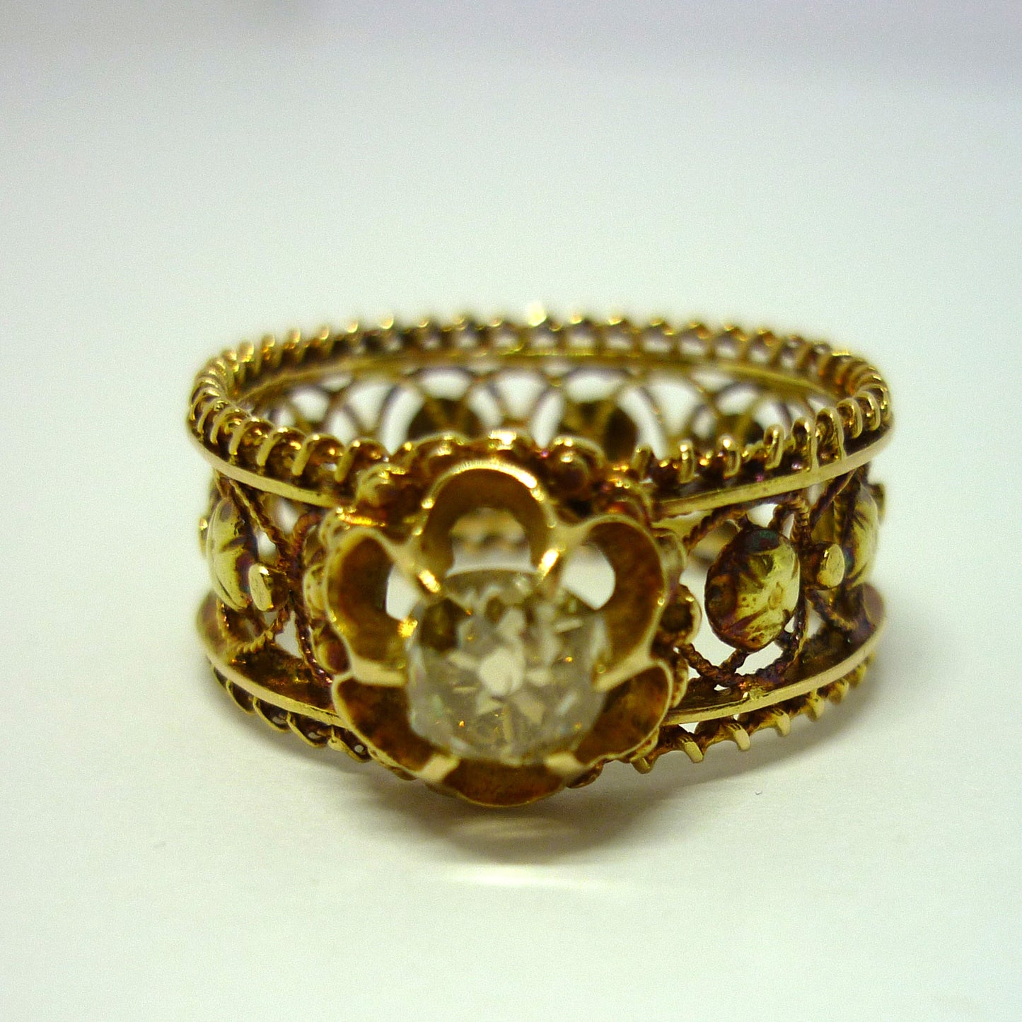 Victorian Mine Cut Champagne Diamond Ring: Rose Gold Filigree, Size 5