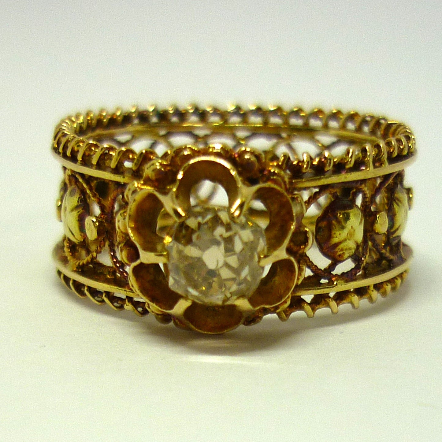 Victorian Mine Cut Champagne Diamond Ring: Rose Gold Filigree, Size 5