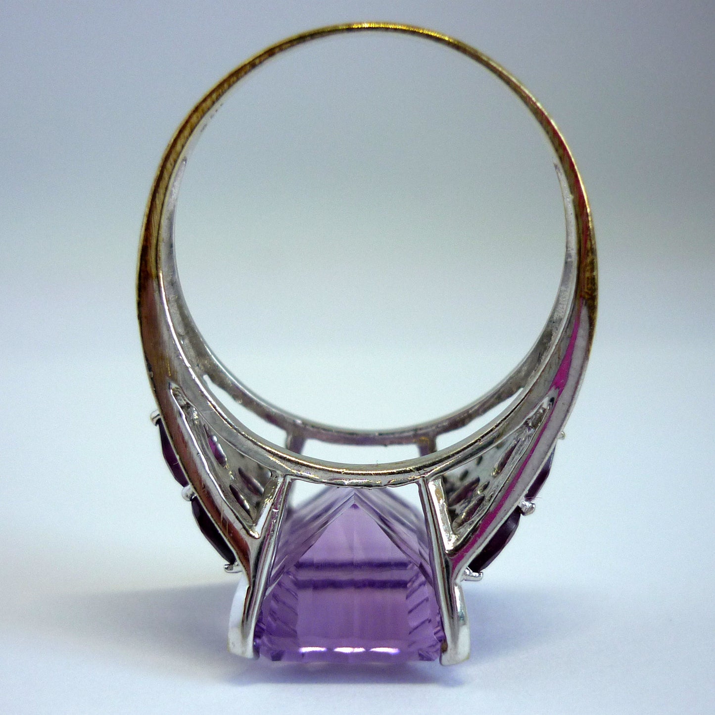 Large Amethyst Ring with Diamonds, 14k White Gold Cocktail Ring Size 8.25