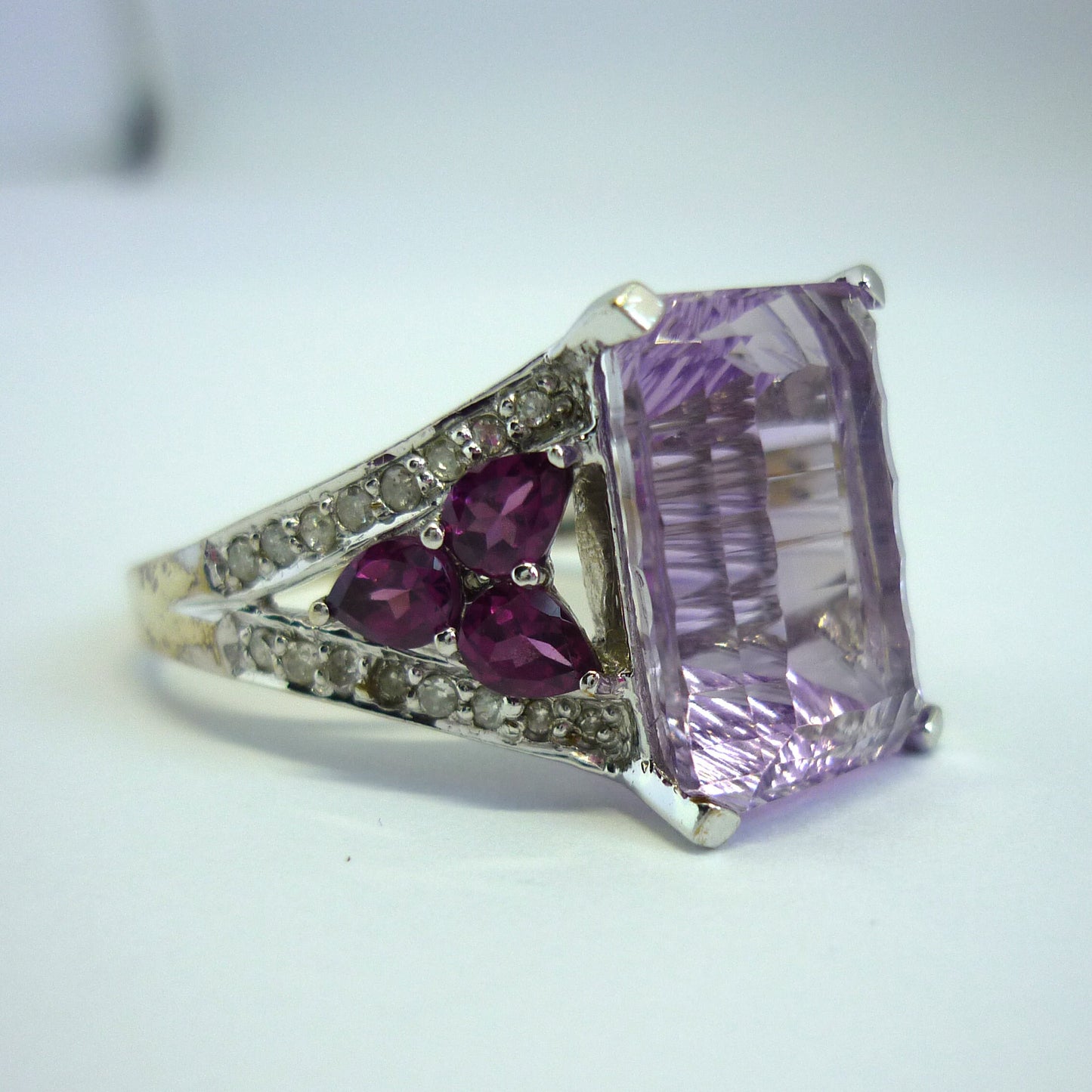 Large Amethyst Ring with Diamonds, 14k White Gold Cocktail Ring Size 8.25
