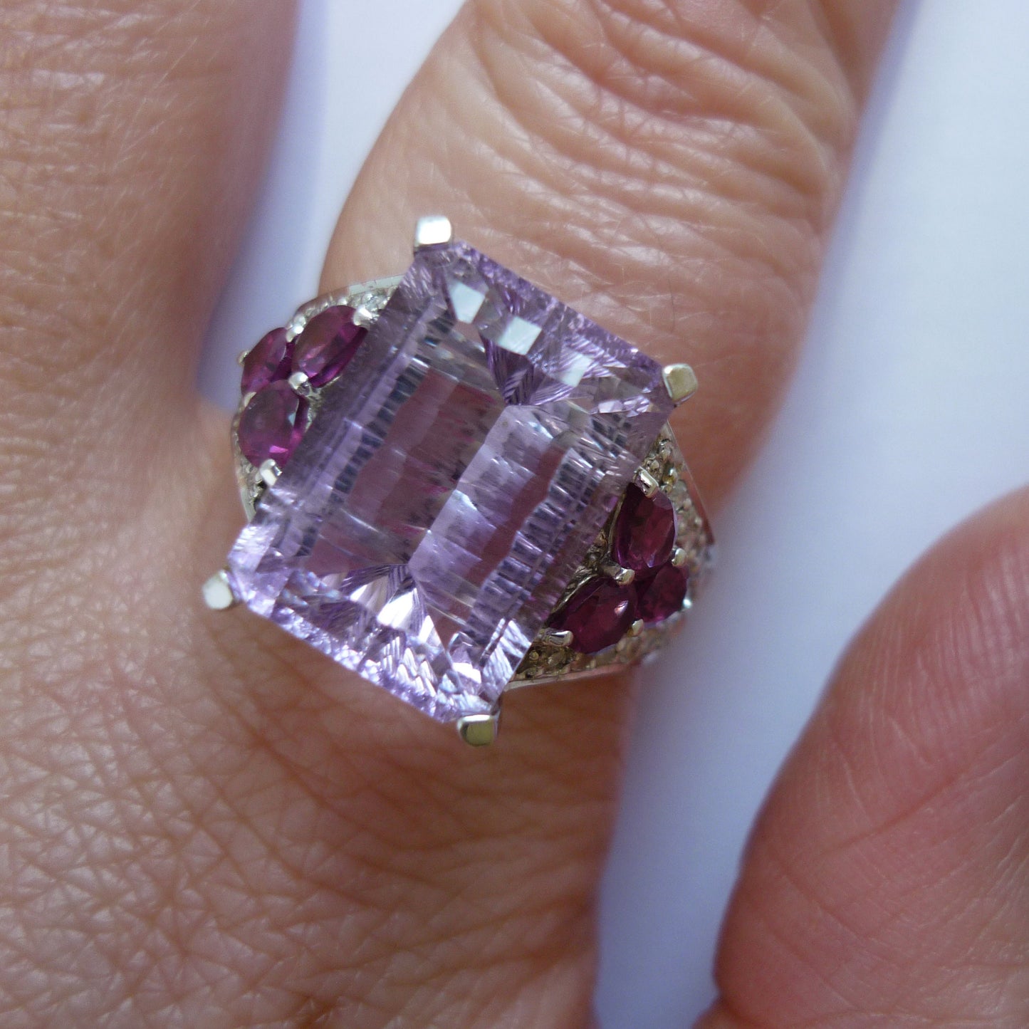 Large Amethyst Ring with Diamonds, 14k White Gold Cocktail Ring Size 8.25