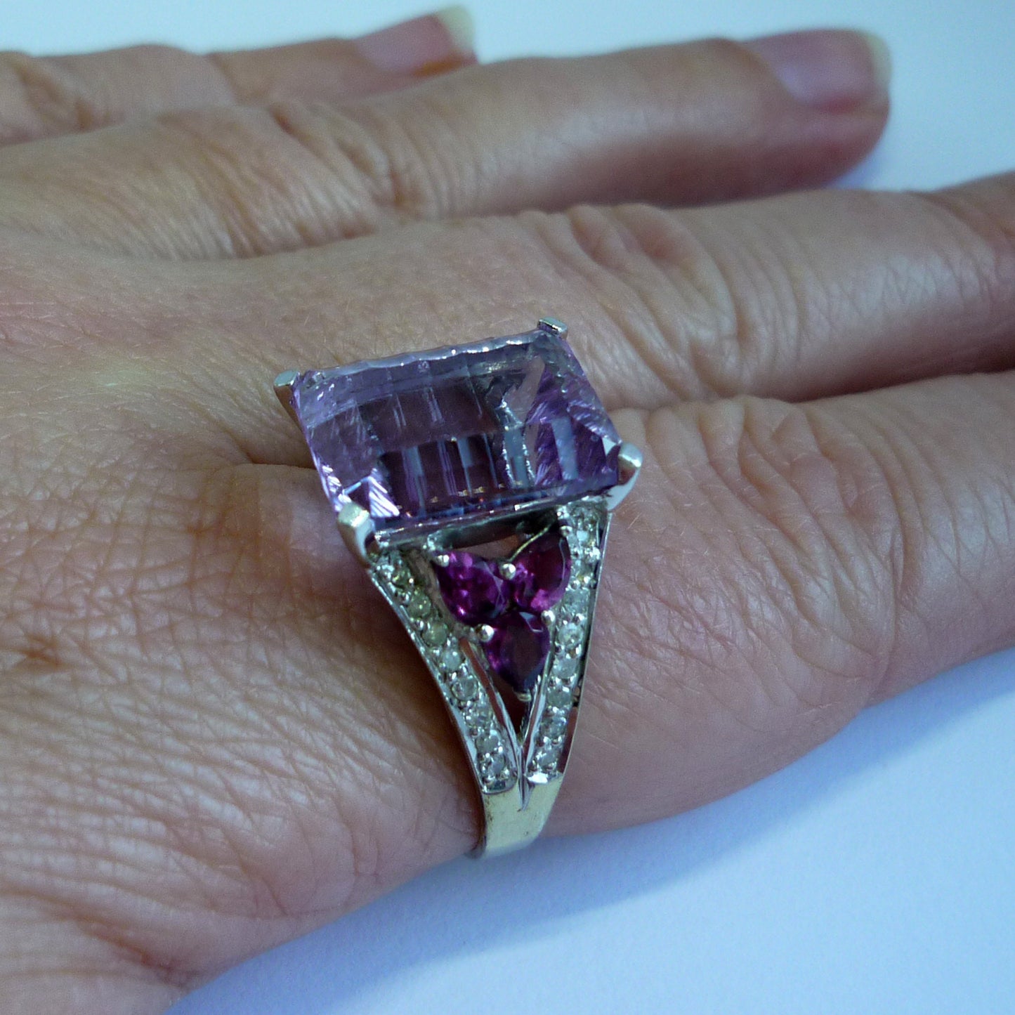 Large Amethyst Ring with Diamonds, 14k White Gold Cocktail Ring Size 8.25