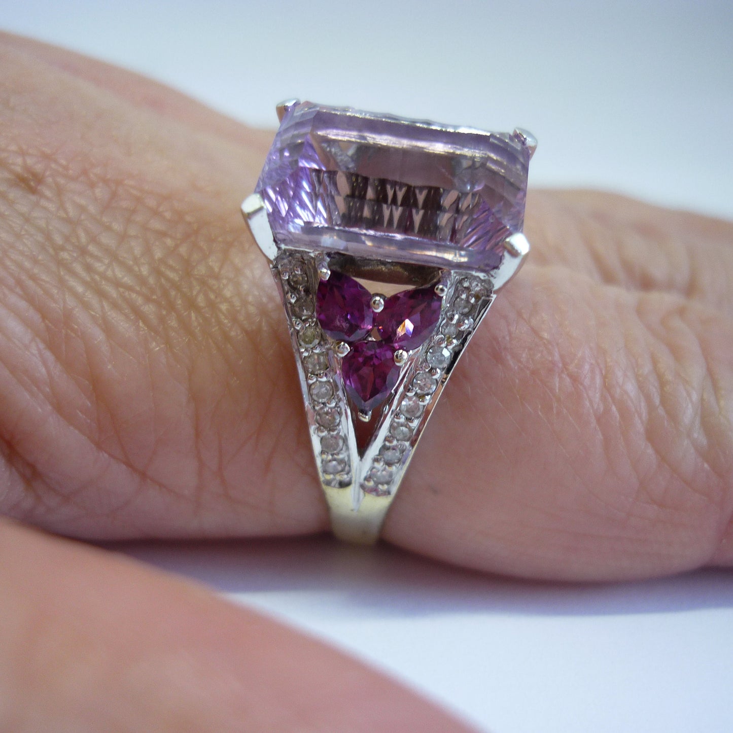 Large Amethyst Ring with Diamonds, 14k White Gold Cocktail Ring Size 8.25