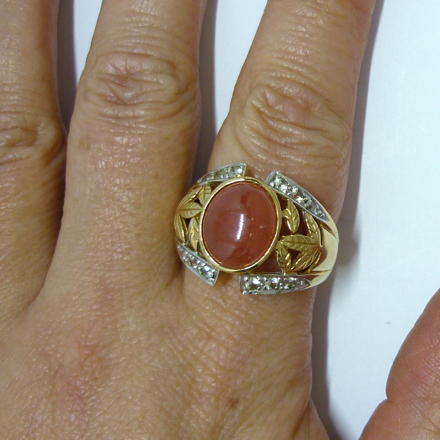 Chunky Peach Quartz & Sapphire Ring Size 9.75