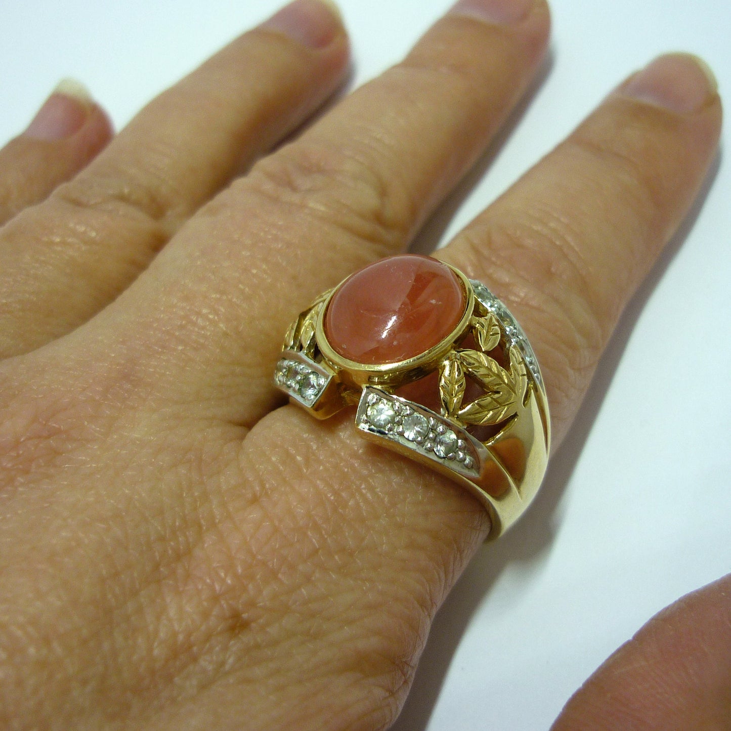 Chunky Peach Quartz & Sapphire Ring Size 9.75