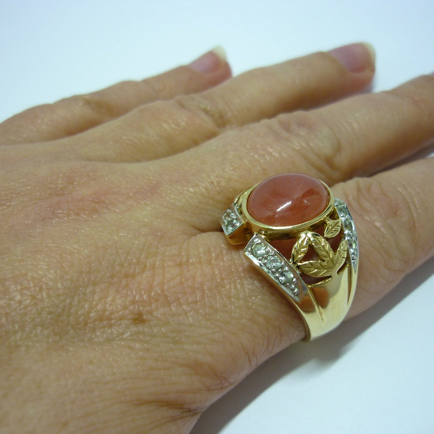 Chunky Peach Quartz & Sapphire Ring Size 9.75