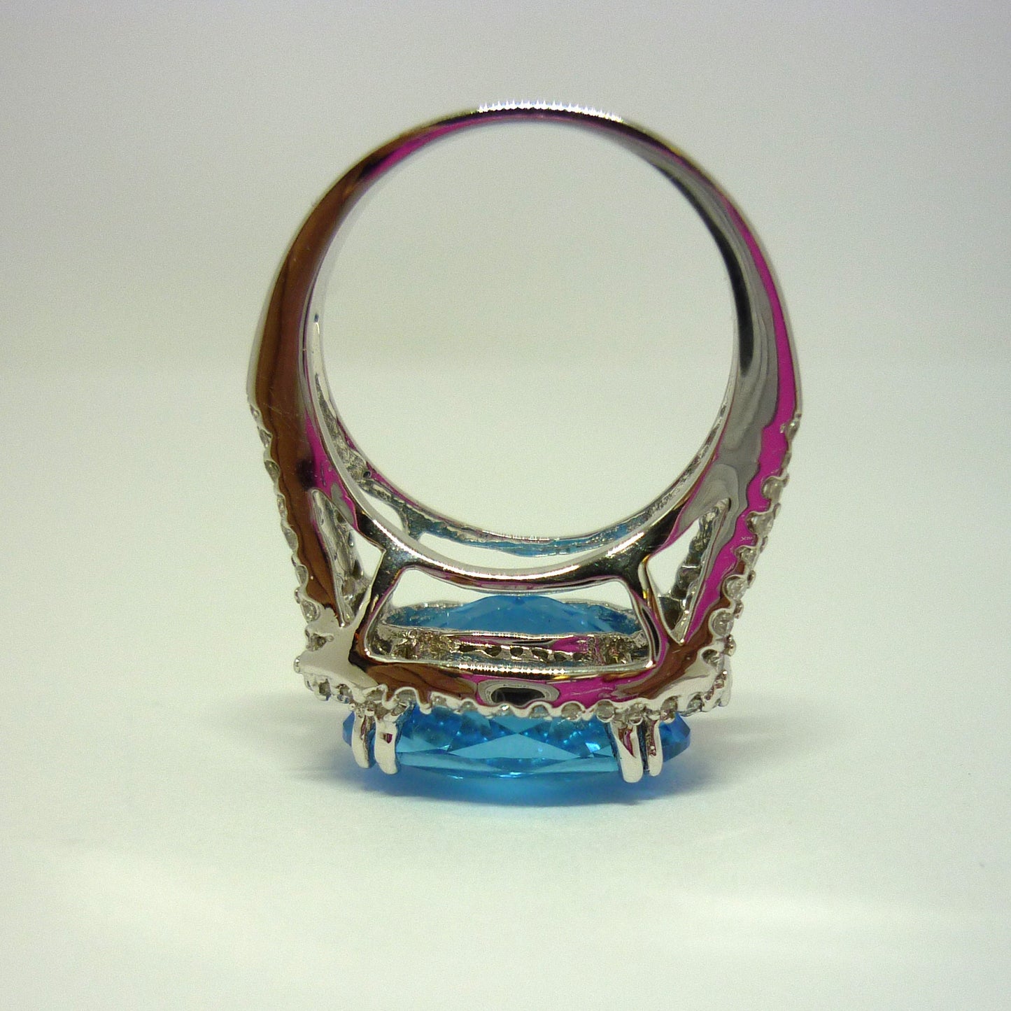 Huge Swiss Blue Topaz & Diamond Cocktail Ring in 18k White Gold, Size 5.25