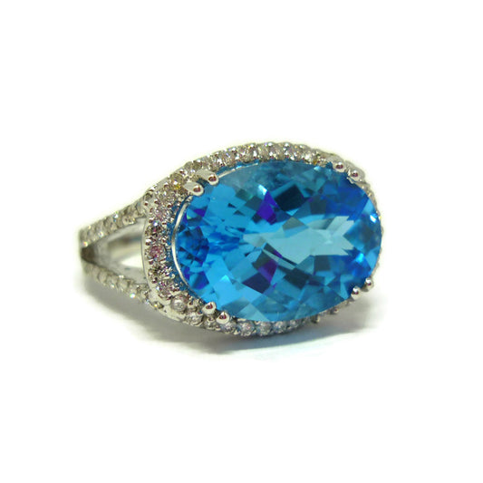 Huge Swiss Blue Topaz & Diamond Cocktail Ring in 18k White Gold, Size 5.25