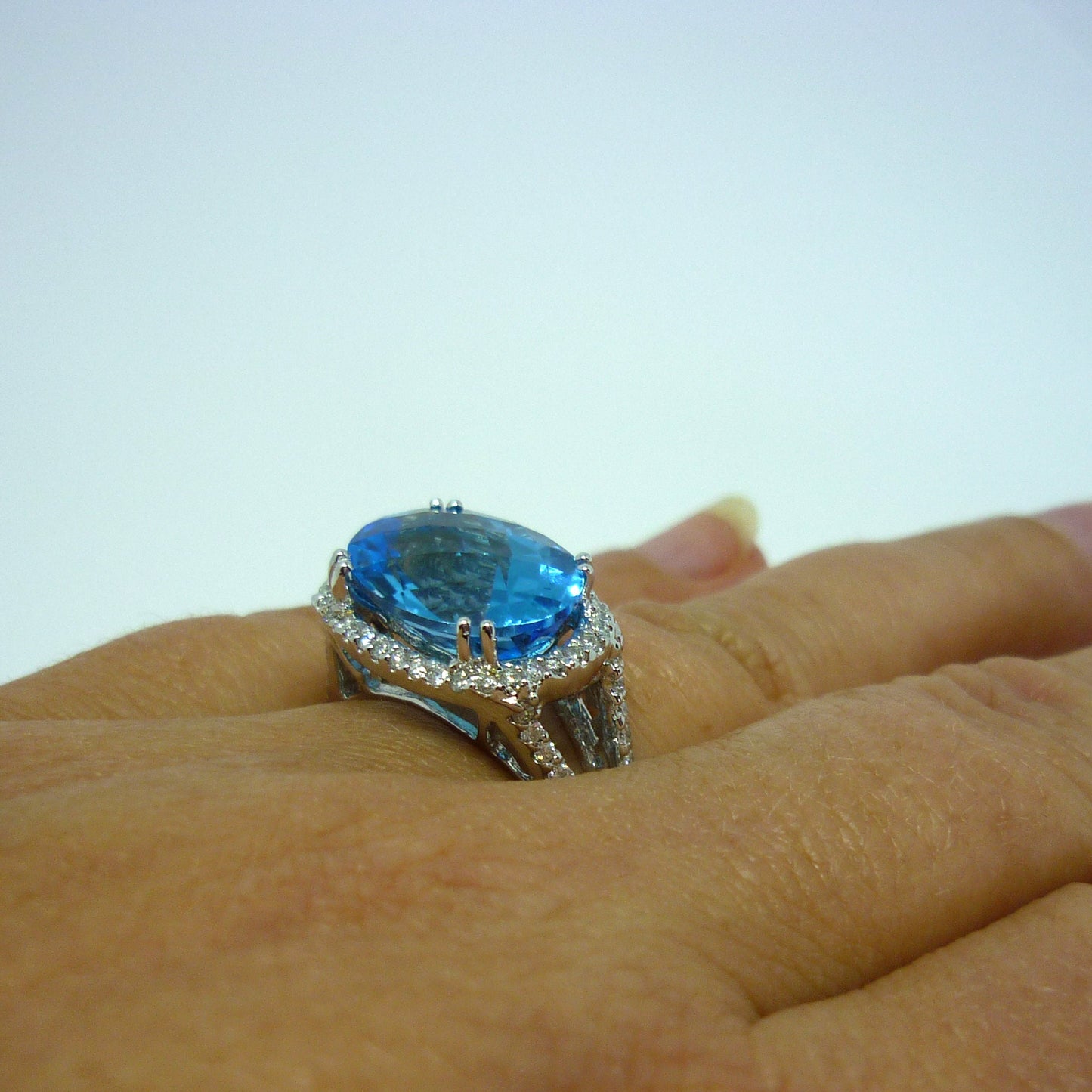 Huge Swiss Blue Topaz & Diamond Cocktail Ring in 18k White Gold, Size 5.25