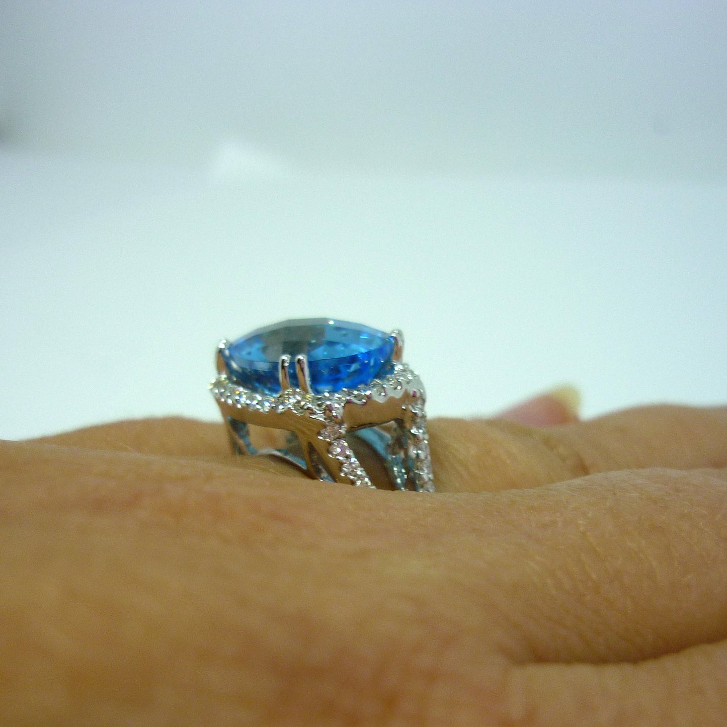 Huge Swiss Blue Topaz & Diamond Cocktail Ring in 18k White Gold, Size 5.25