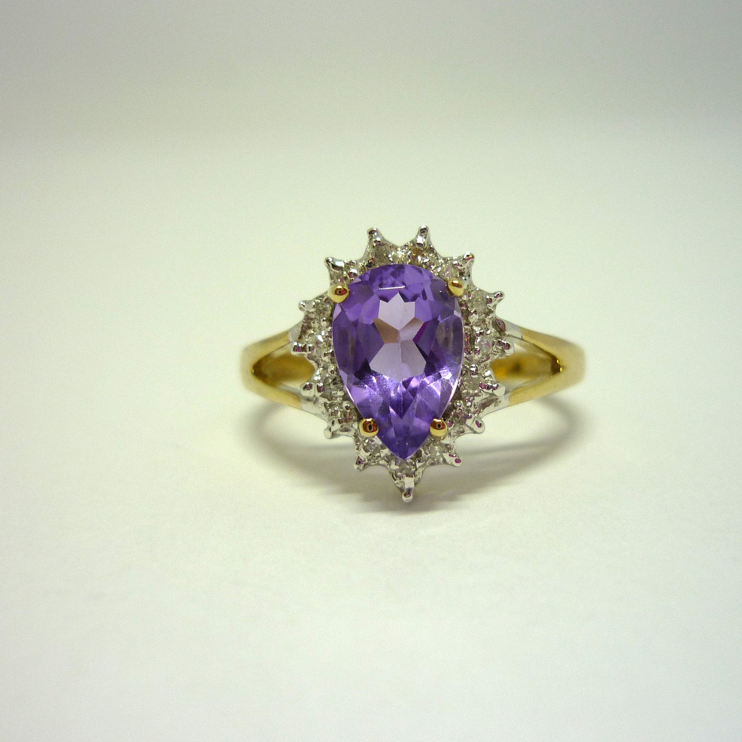 Pear Shaped Amethyst Ring with Diamonds, Teardrop Engagement Ring Size 5.75