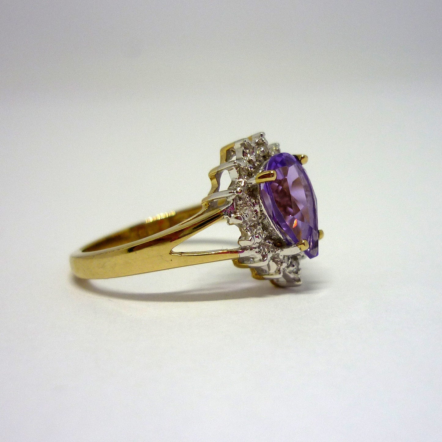 Pear Shaped Amethyst Ring with Diamonds, Teardrop Engagement Ring Size 5.75