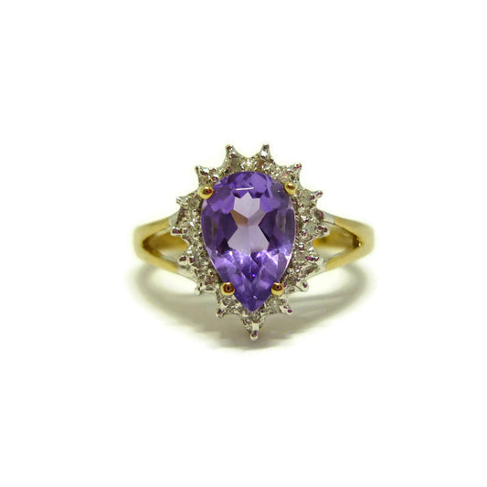 Pear Shaped Amethyst Ring with Diamonds, Teardrop Engagement Ring Size 5.75