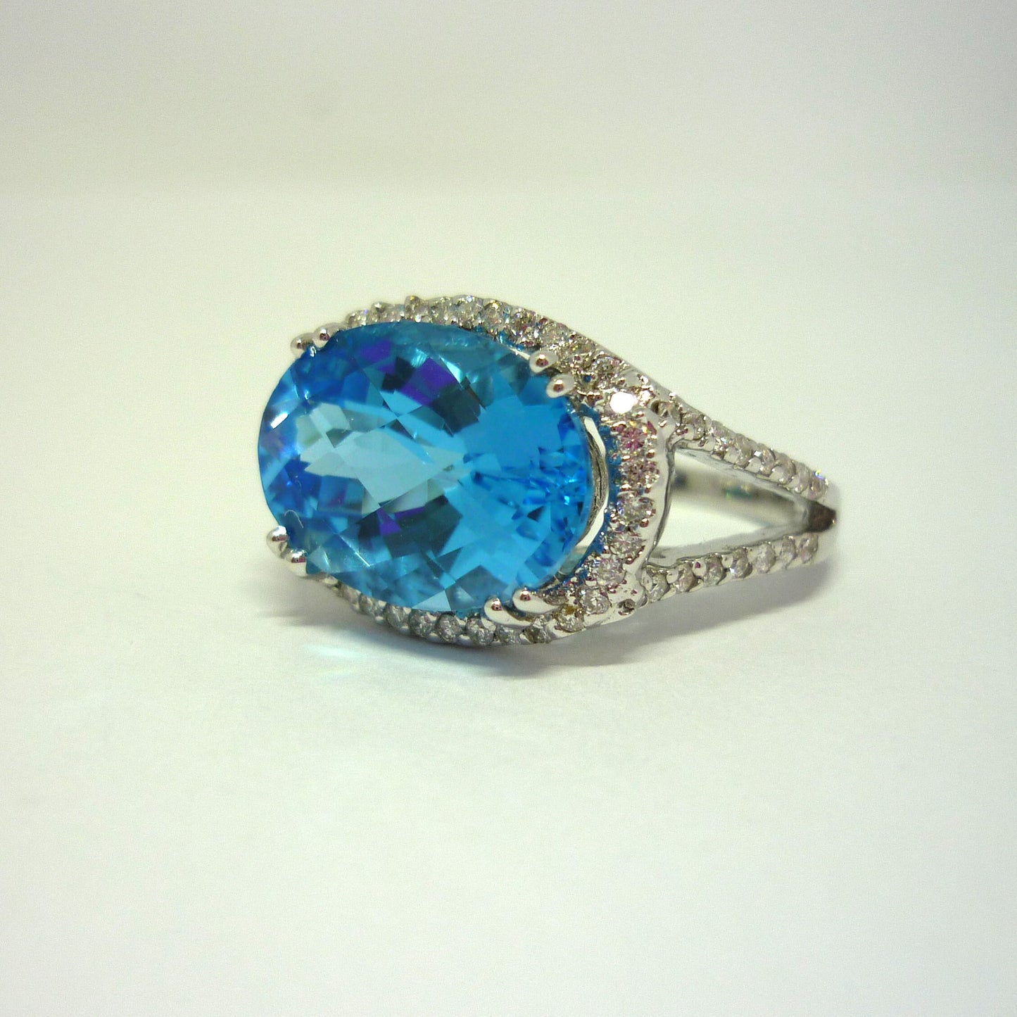Huge Swiss Blue Topaz & Diamond Cocktail Ring in 18k White Gold, Size 5.25