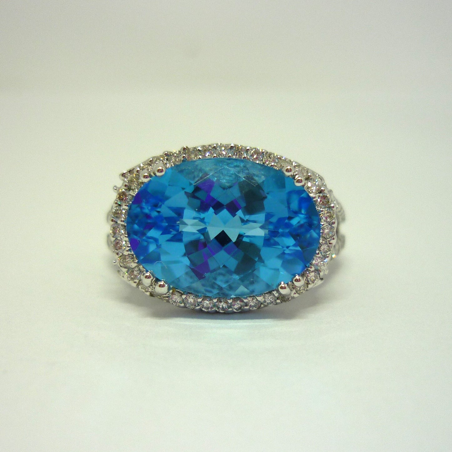 Huge Swiss Blue Topaz & Diamond Cocktail Ring in 18k White Gold, Size 5.25