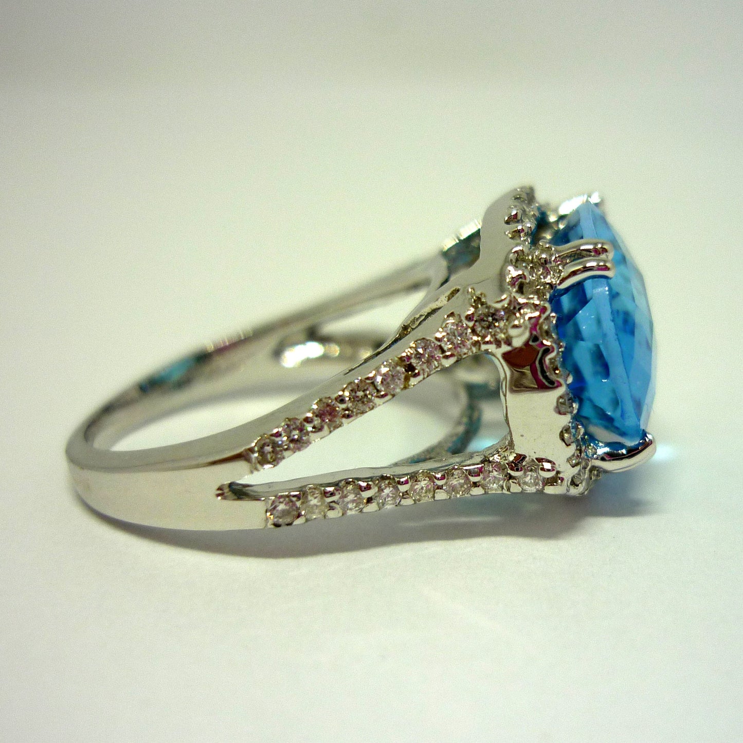 Huge Swiss Blue Topaz & Diamond Cocktail Ring in 18k White Gold, Size 5.25
