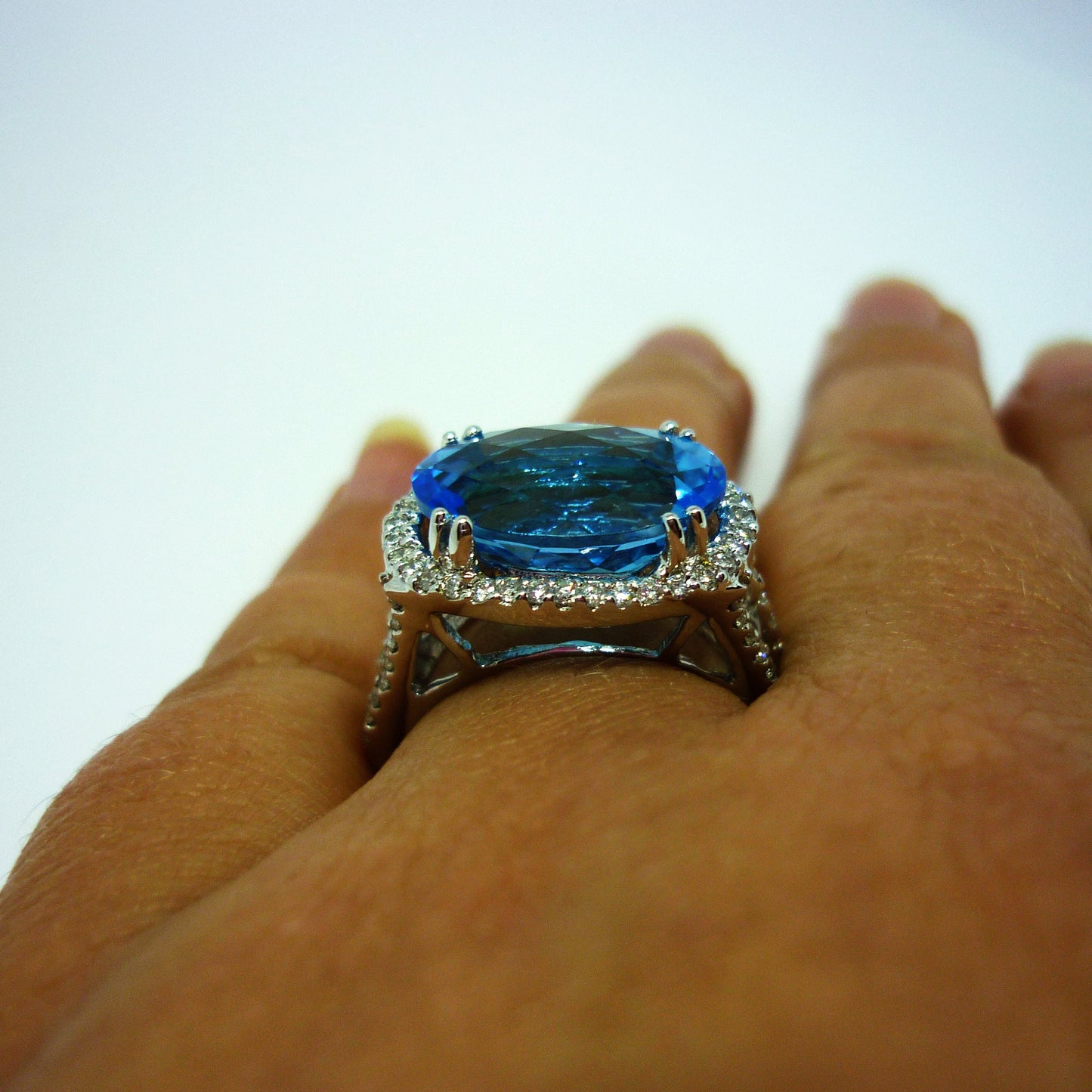 Huge Swiss Blue Topaz & Diamond Cocktail Ring in 18k White Gold, Size 5.25